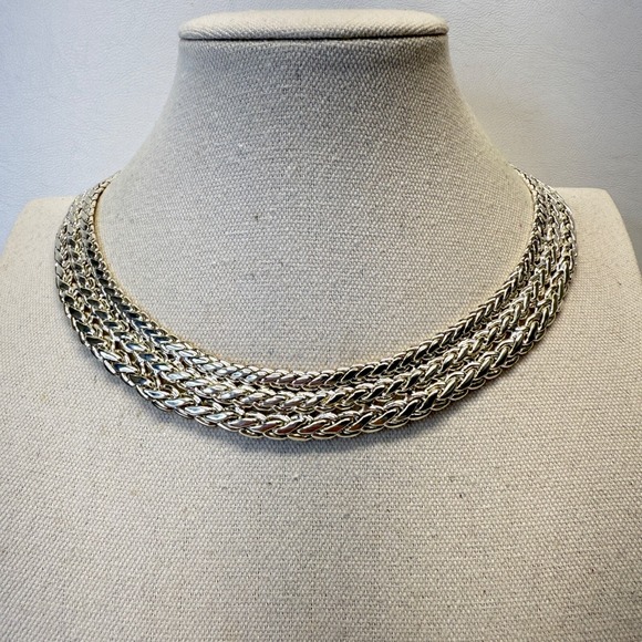 Givenchy Triple Braided Chain Necklace Signed Logo Silver-Tone Collar Choker - Picture 1 of 9
